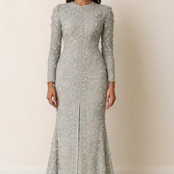 Gemy Maalouf Lace Evening Gown Light Grey Embroidered Long Sleeve Slit Front 12 - Picture 2 of 16